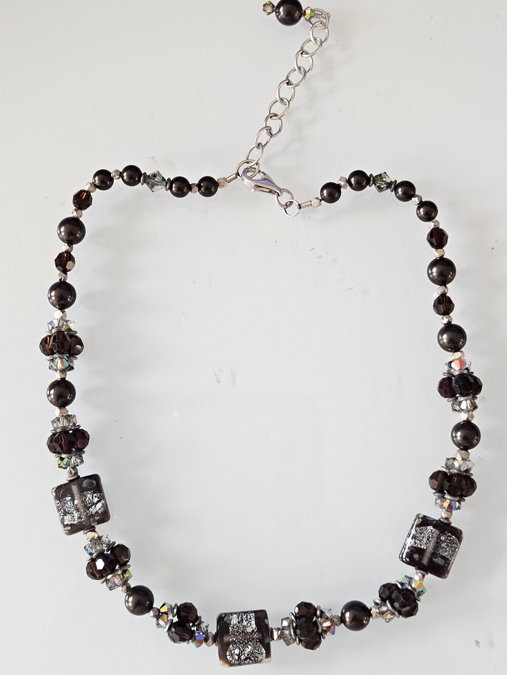 VINTAGE Art glass lampwork beads square silver-foil Sterling Silver Necklace